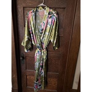 Applesauce Olive Green Pink Peacock Kimono Style Robe One Size Plus Belt Pockets